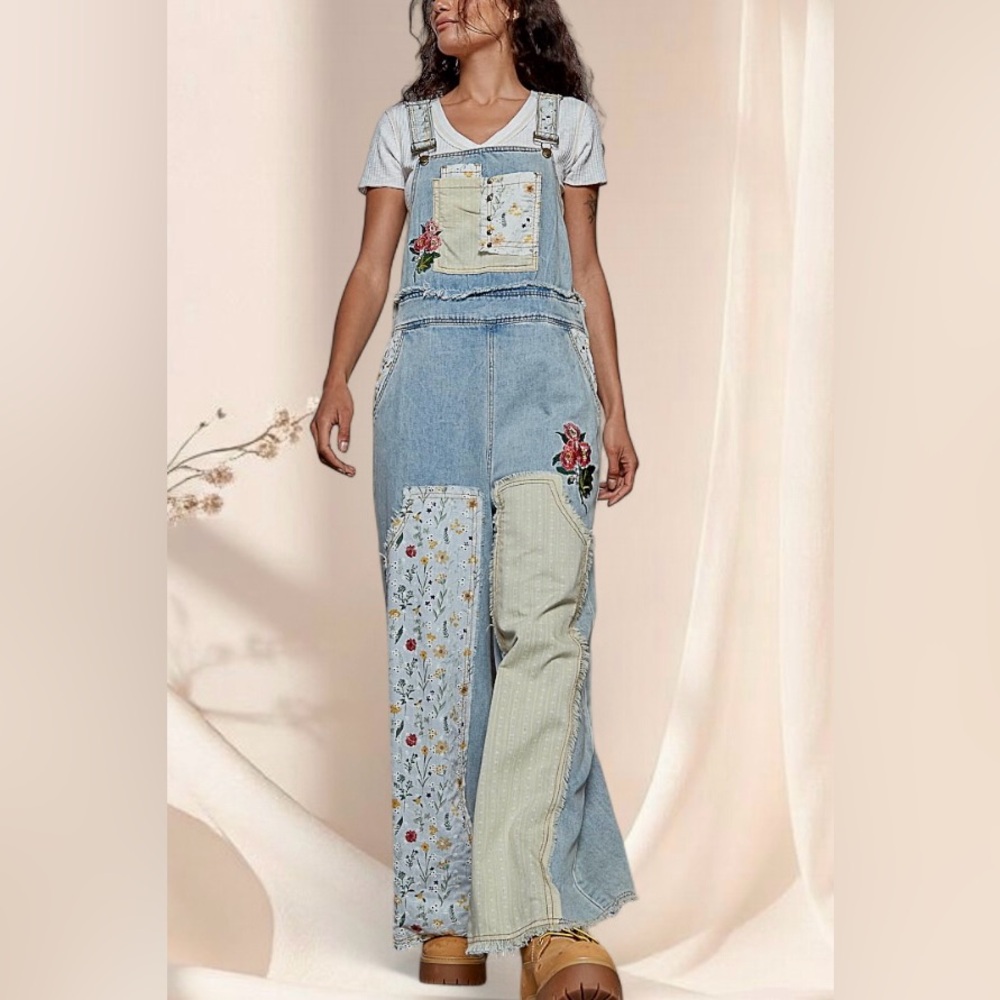 POL Floral Patchwork Denim Overalls Embroidered Bohemian Jean Jumpsuit - Picture 5 of 9